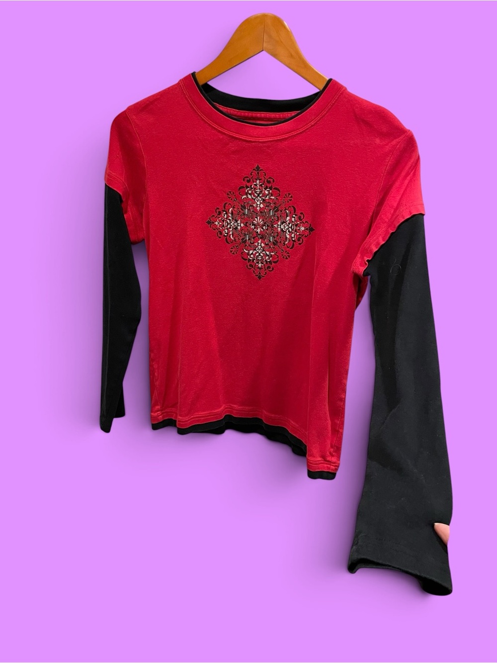 Cute Y2K black red 2-in-1 look long sleeve graphic top grunge indie sleaze